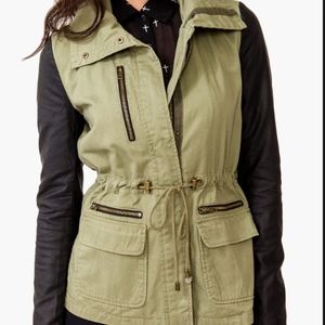 Women's Green Faux Leather Sleeve Anorak